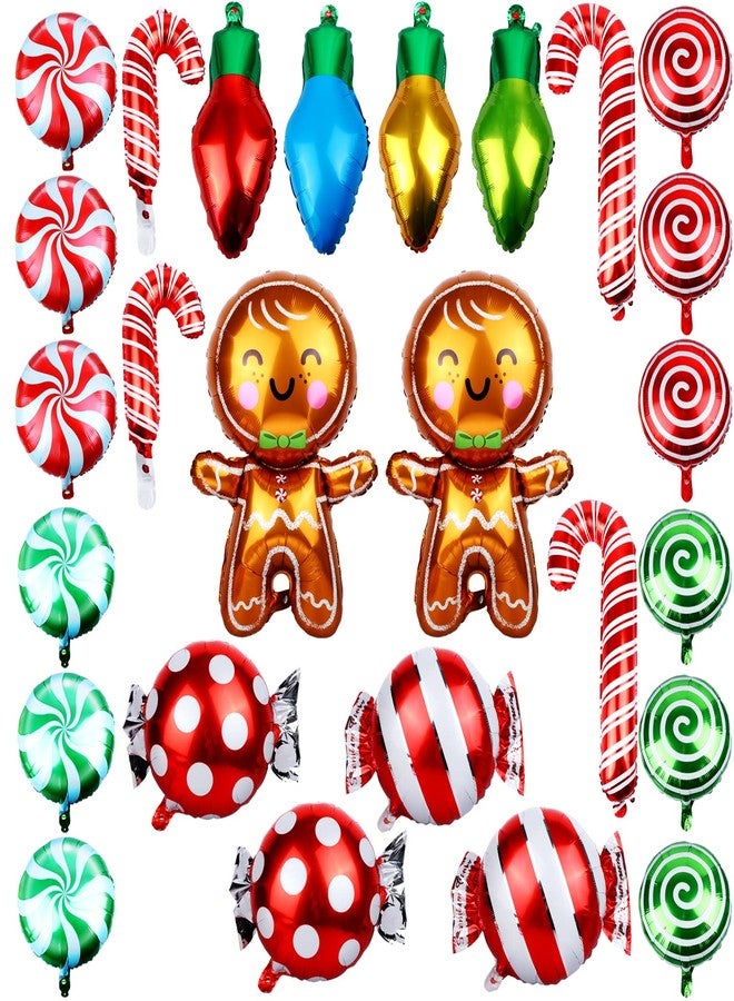ويليكوم ٢٦ بالونًا من رقائق معدنية على شكل عصا حلوى عيد الميلاد - بالونات على شكل مصباح، رجل خبز الزنجبيل، وعصا حلوى، مثالية لمستلزمات الحفلات وخلفيات التصوير. - Image 1