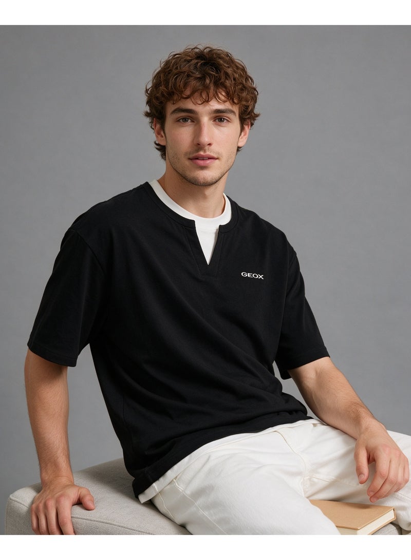 GEOX Black Unisex Fake Two Pieces Notch Neck Short Sleeve T-Shirt Loose Casual Daily Couple Top - Image 5