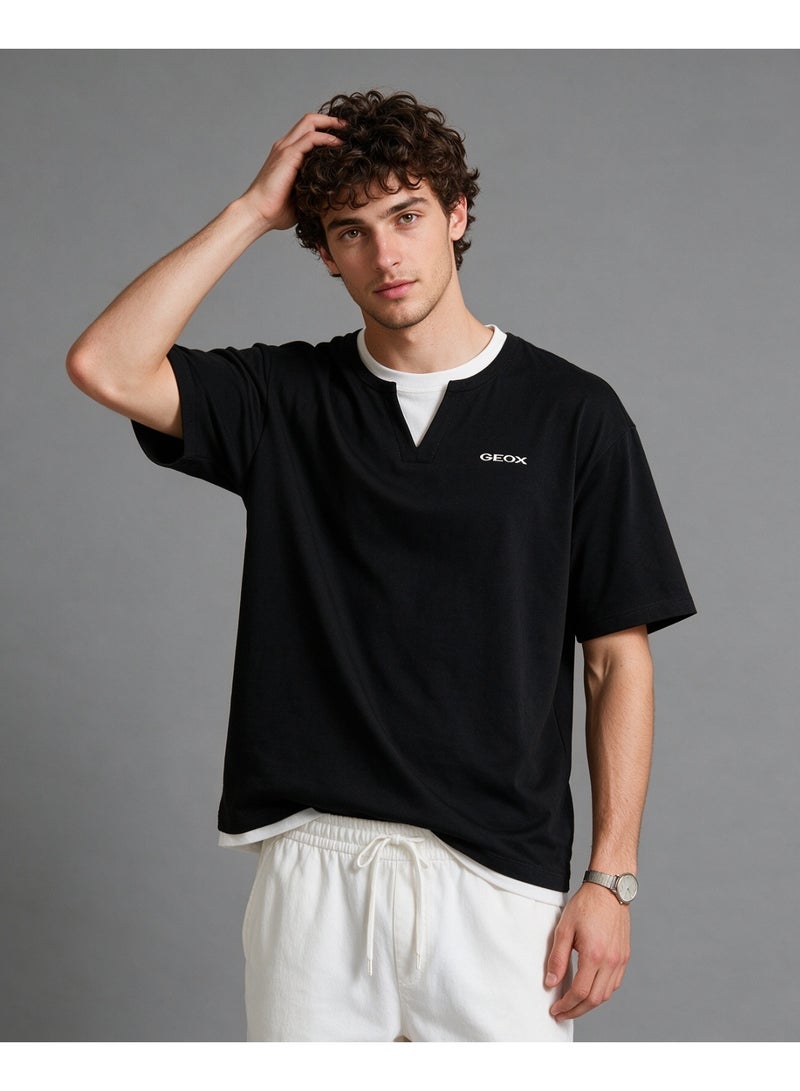 GEOX Black Unisex Fake Two Pieces Notch Neck Short Sleeve T-Shirt Loose Casual Daily Couple Top - Image 4