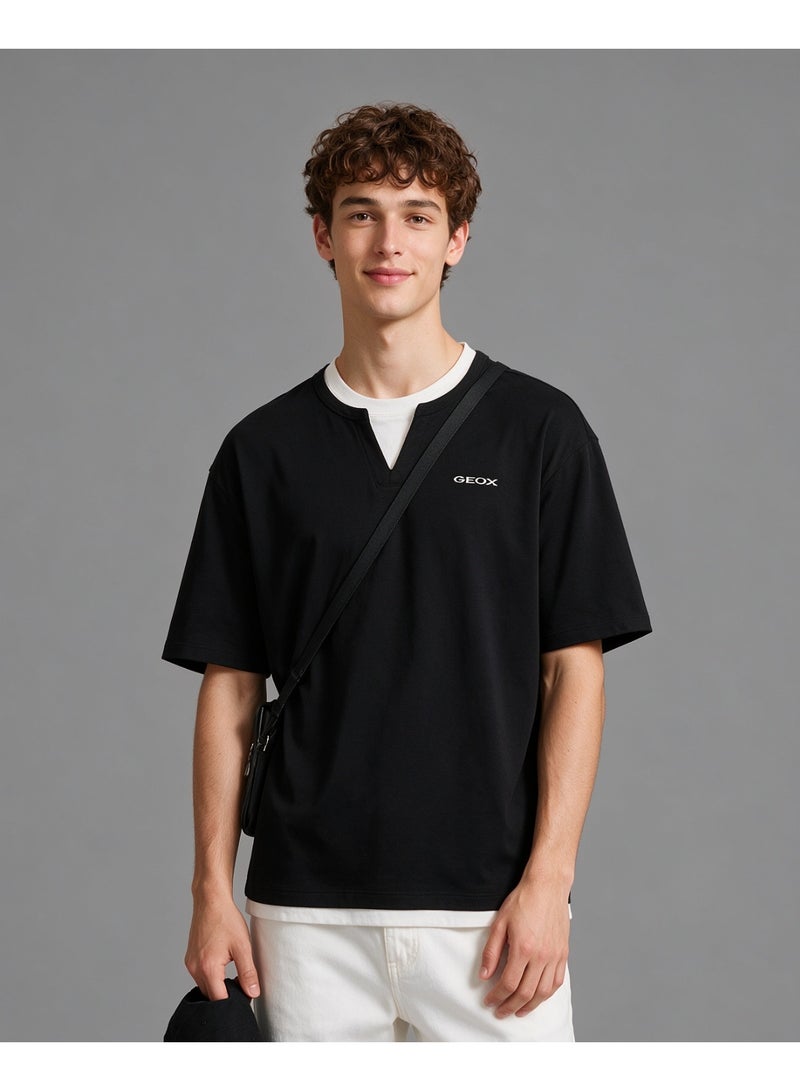 GEOX Black Unisex Fake Two Pieces Notch Neck Short Sleeve T-Shirt Loose Casual Daily Couple Top - Image 1