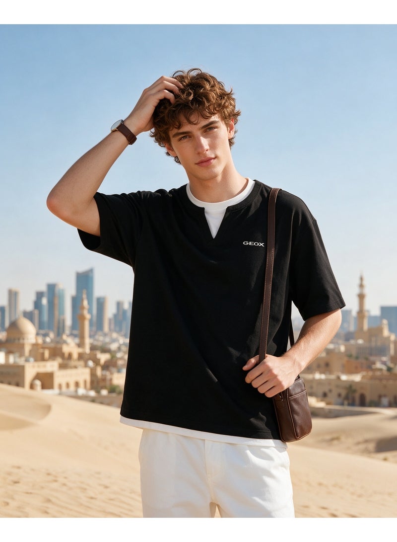 GEOX Black Unisex Fake Two Pieces Notch Neck Short Sleeve T-Shirt Loose Casual Daily Couple Top - Image 3