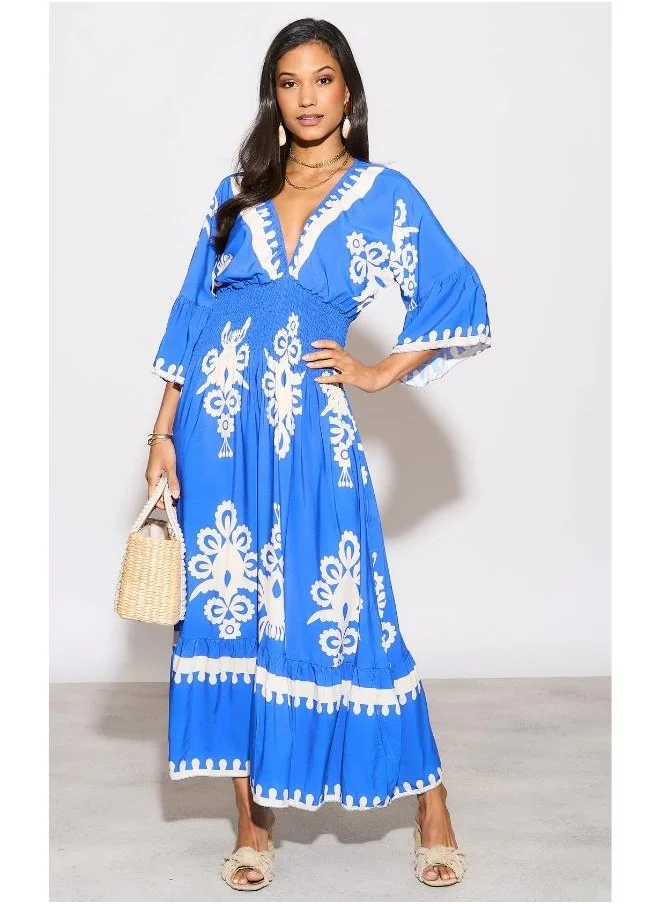 Hoxton Gal Royal Blue Printed V-Neck Maxi Dress with 3/4 Sleeves – Relaxed Fit