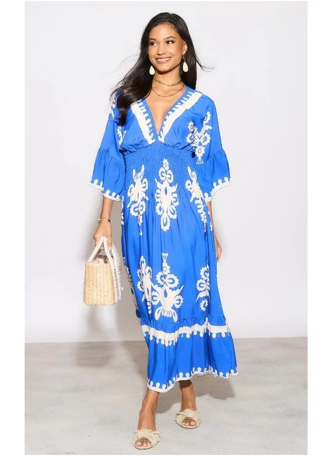 Hoxton Gal Royal Blue Printed V-Neck Maxi Dress with 3/4 Sleeves – Relaxed Fit
