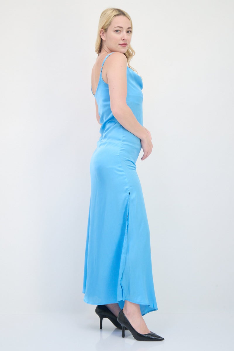 AX PARIS Women Plain Satin Side Slit Maxi Dress, Blue - Image 3