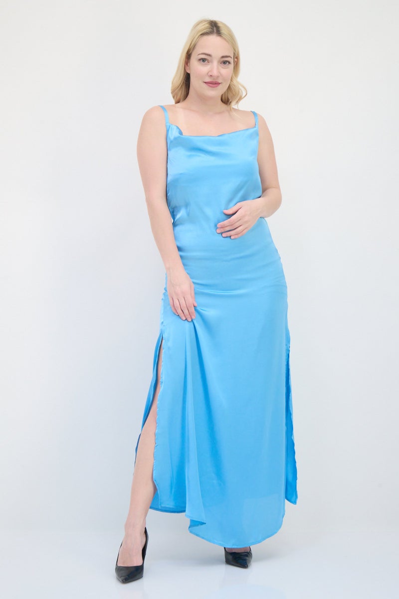 AX PARIS Women Plain Satin Side Slit Maxi Dress, Blue - Image 1