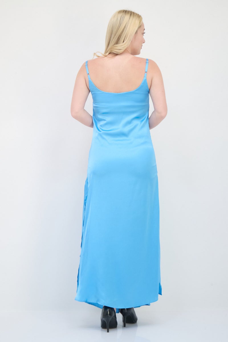 AX PARIS Women Plain Satin Side Slit Maxi Dress, Blue - Image 4