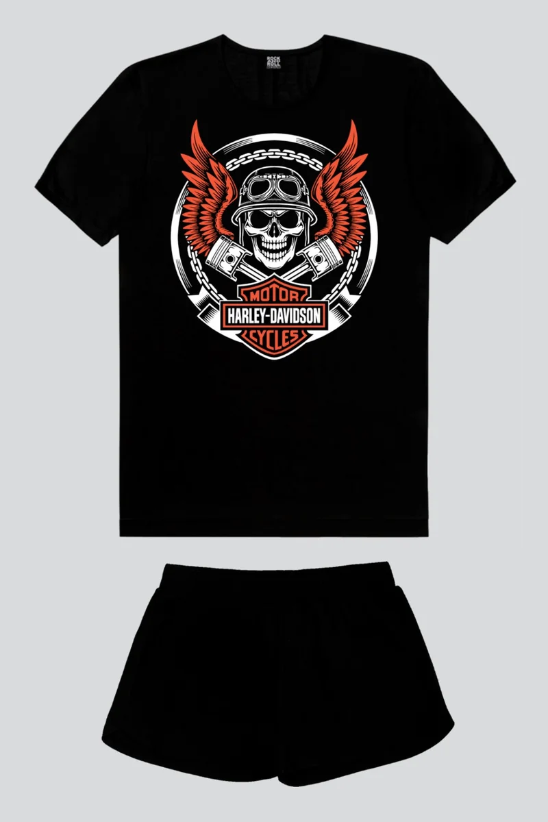Rock&Roll Biker Skull Black Short Sleeve Women's Shorts Set