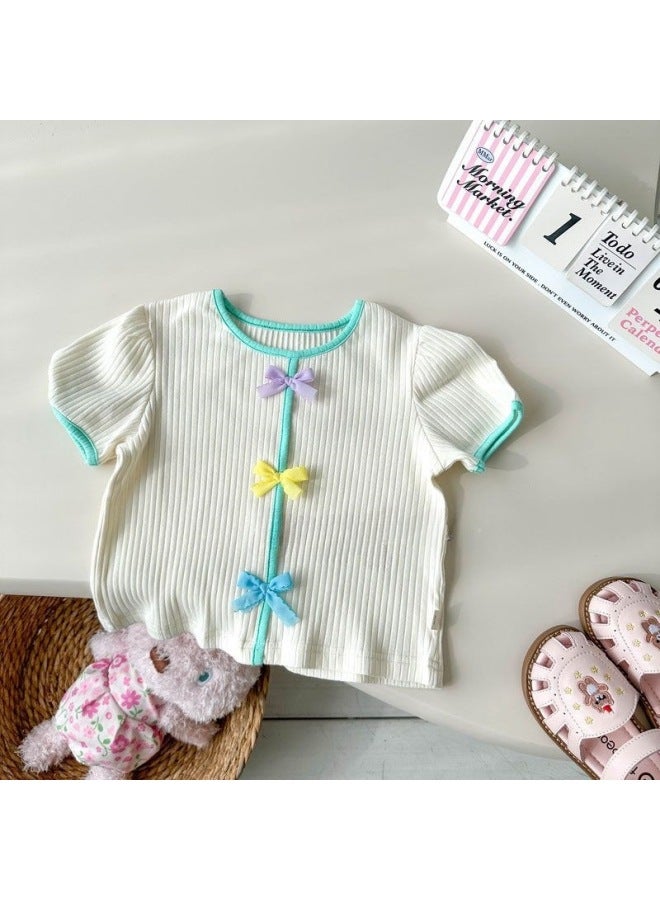 Summer New Sweet T-shirt Contrast Color Candy Color Bow Fashion Western Style All-match Children's Outer Wear Girls' Short Sleeve