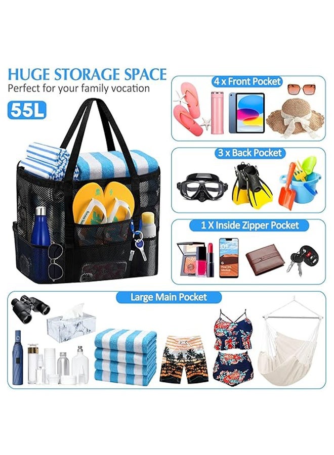 Mesh Beach Bag, Lightweight & Foldable Beach Tote Bag with Zipper and Pockets, Large Beach Tote Bag for Toys & Vacation Essentials, Sandproof and Waterproof - Image 3