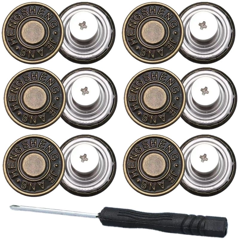 Baxykez 6Pcs Bronze Buttons Pins For Loose Jeans  17 Mm No-Sew Nailess Removable Metal Jeans Buttons Replacement  Adjustable Metal Pants Button Tightener Repair Combo Thread Rivets And Screwdrivers - Image 1