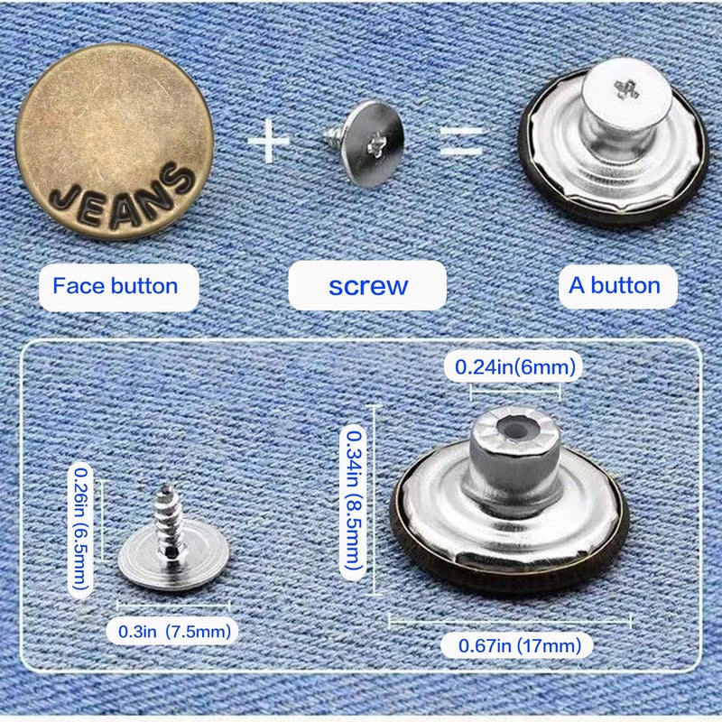 Baxykez 6Pcs Bronze Buttons Pins For Loose Jeans  17 Mm No-Sew Nailess Removable Metal Jeans Buttons Replacement  Adjustable Metal Pants Button Tightener Repair Combo Thread Rivets And Screwdrivers - Image 3