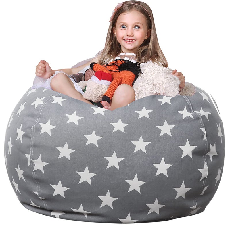 WEKAPO Stuffed Animal Storage Bean Bag Chair Cover for Kids  Stuffable Zipper Beanbag for Organizing Children Plush Toys Large Premium Cotton Canvas Grey Star XXLarge