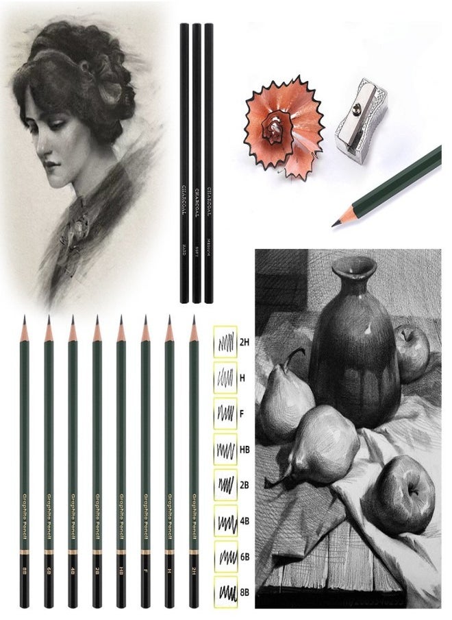 Xinbowen 19-Piece Sketching Pencil Set for Students and Artists – Complete Drawing Kit with Sketchbook, Erasers, Graphite Pencils, and Charcoal Sticks  - Image 2