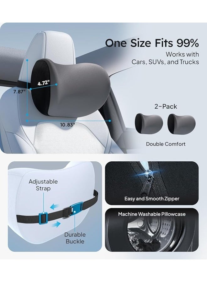 Soft Car Neck Pillow [No Pressure Design] Memory Foam Headrest Cushion with Adjustable Strap & Removable Cover - Fits All Vehicles - Gray 2-Pack - Image 3