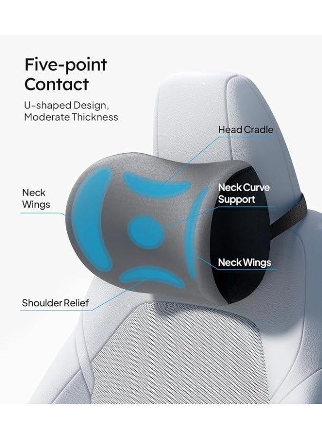 Soft Car Neck Pillow [No Pressure Design] Memory Foam Headrest Cushion with Adjustable Strap & Removable Cover - Fits All Vehicles - Gray 2-Pack - Image 5