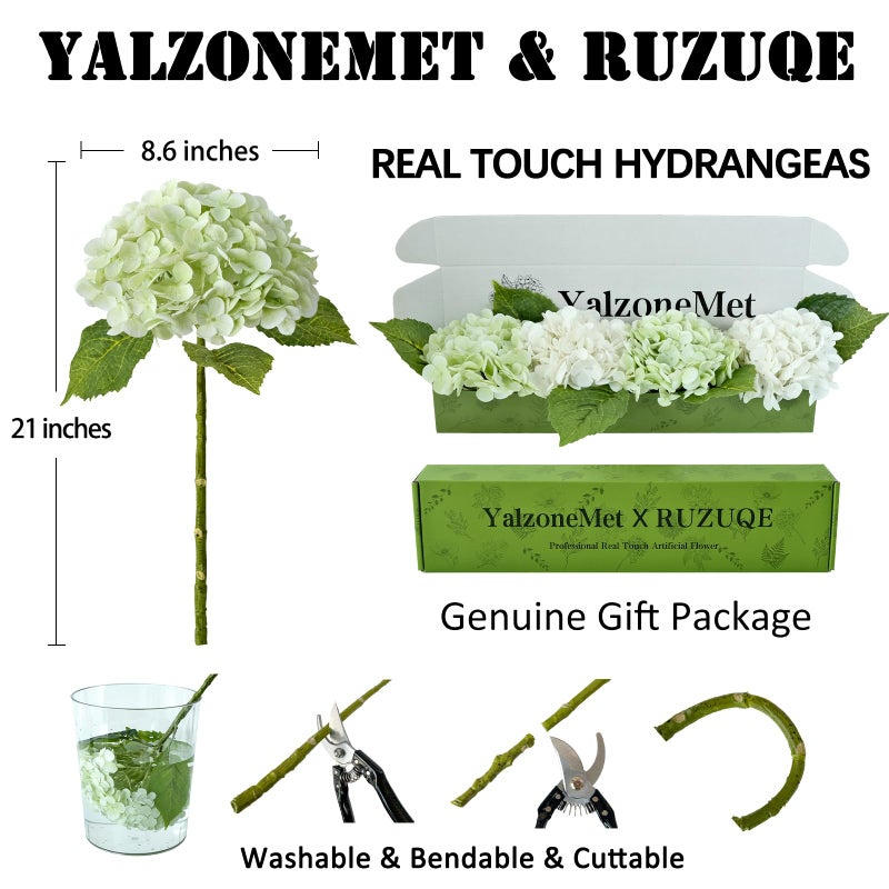 YalzoneMet Artificial Hydrangea Flowers 4 Pcs 2 White 2 Light Green 21 inch Long Rod Real Touch Lifelike Fake Latex Hydrangea Flowers for Home Party Outdoor Wedding Gifts Christmas Table Decoration - Image 2