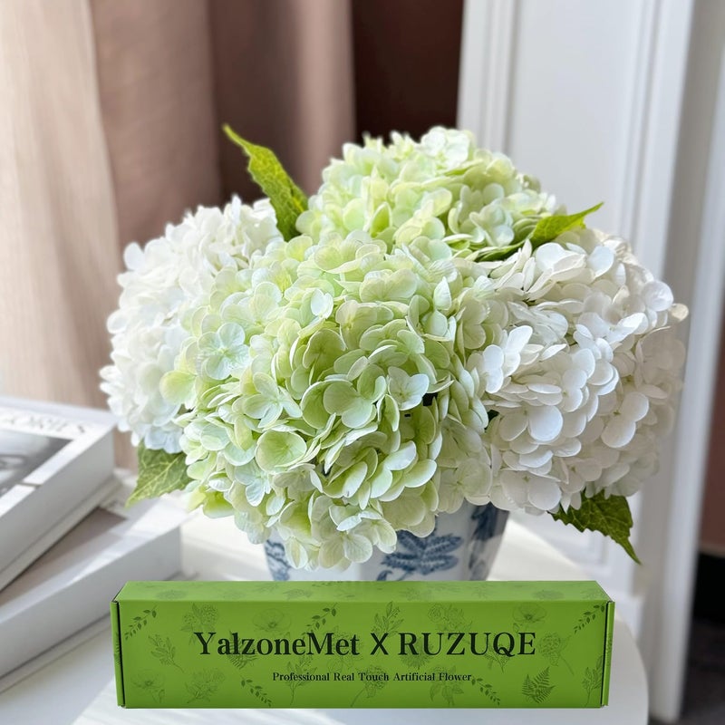 YalzoneMet Artificial Hydrangea Flowers 4 Pcs 2 White 2 Light Green 21 inch Long Rod Real Touch Lifelike Fake Latex Hydrangea Flowers for Home Party Outdoor Wedding Gifts Christmas Table Decoration - Image 1