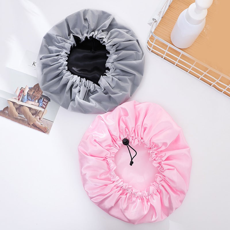 Double-Layer Enlarged Drawstring Adjustable Nightcap Waterproof Shower Cap Black Hat Colored Cloth Peva Shower Cap - Image 4