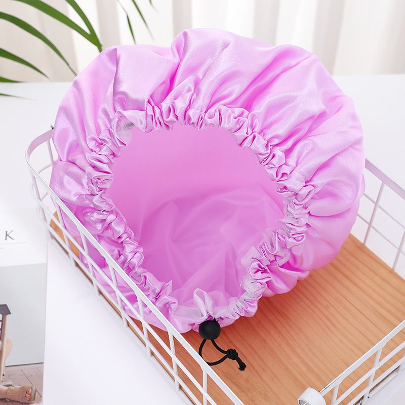 Double-Layer Enlarged Drawstring Adjustable Nightcap Waterproof Shower Cap Black Hat Colored Cloth Peva Shower Cap - Image 5