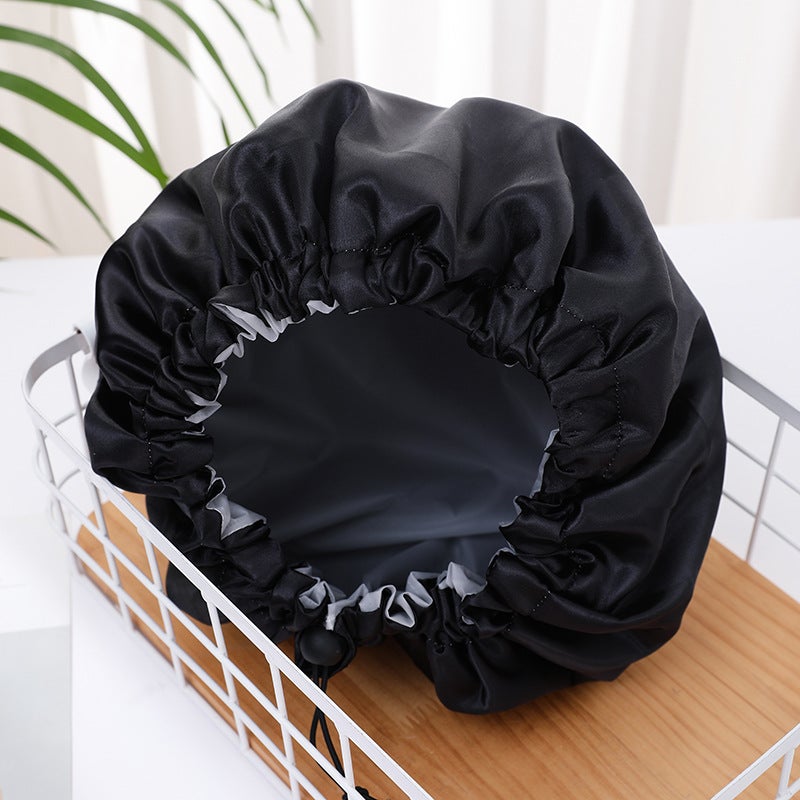 Double-Layer Enlarged Drawstring Adjustable Nightcap Waterproof Shower Cap Black Hat Colored Cloth Peva Shower Cap - Image 3