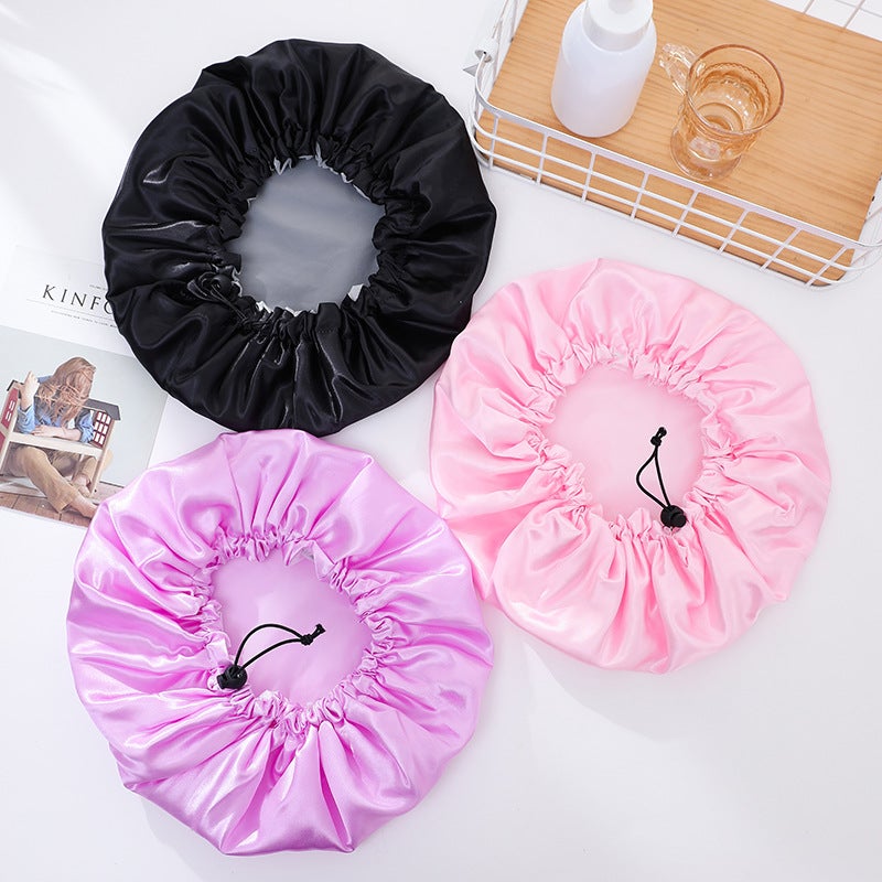 Double-Layer Enlarged Drawstring Adjustable Nightcap Waterproof Shower Cap Black Hat Colored Cloth Peva Shower Cap - Image 2