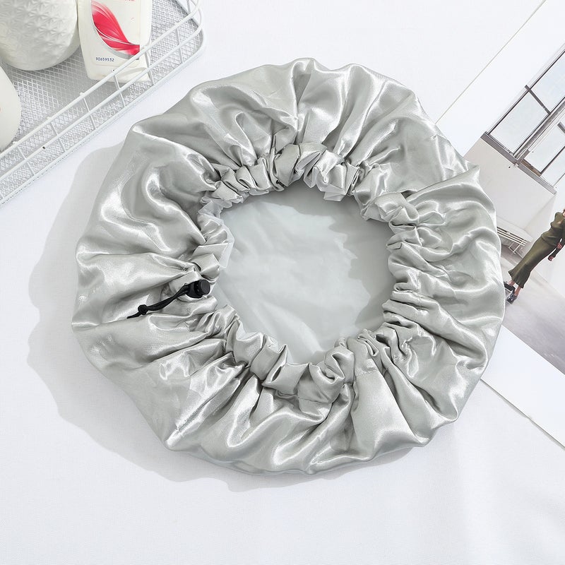 Double-Layer Enlarged Drawstring Adjustable Nightcap Waterproof Shower Cap Black Hat Colored Cloth Peva Shower Cap - Image 1