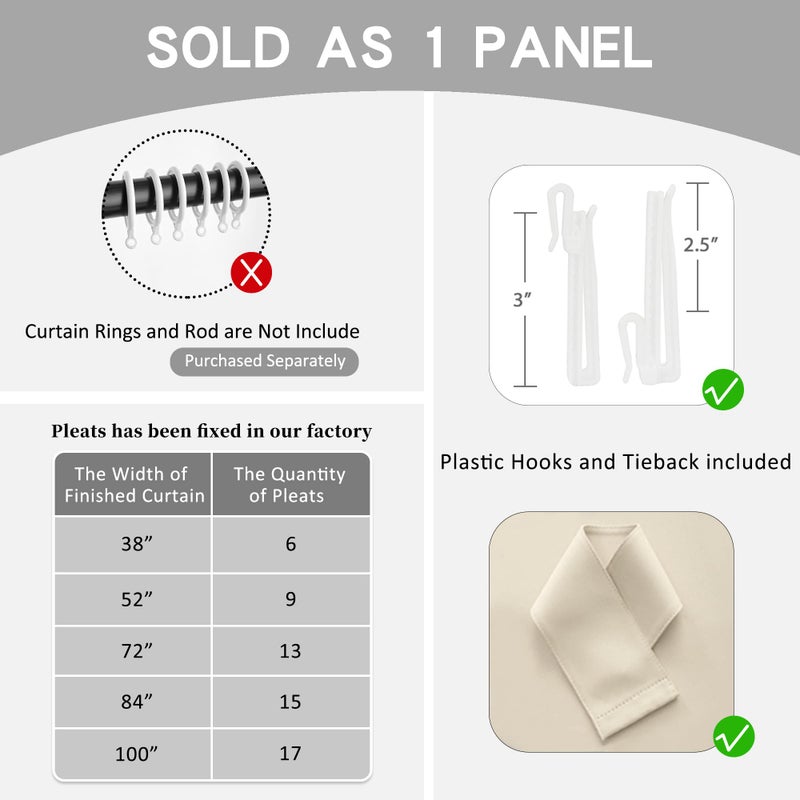 OYRING Room Darkening Pinch Pleat Curtain with Tieback for Small Window  Thermal Insulated Patio Door Pleated Drape for Traverse Rod and Track  52"" W x 63"" L  Beige Cream  1 Panel - Image 3