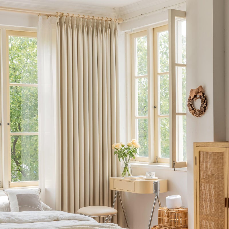 OYRING Room Darkening Pinch Pleat Curtain with Tieback for Small Window  Thermal Insulated Patio Door Pleated Drape for Traverse Rod and Track  52"" W x 63"" L  Beige Cream  1 Panel - Image 1