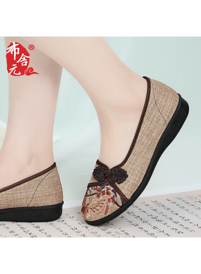 Bus Heyuan Soft Sole Breathable Flats, Buckle Mom Shoes, Slip-on Shoes, Traditional Beijing Cloth Shoes For Women 510-1332, Brown, Size 38