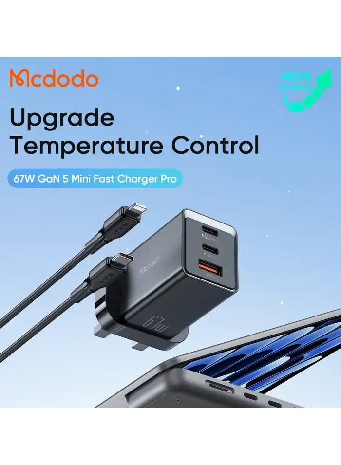 مكدودو شاحن CH-1554 GaN5 صغير سريع الشحن احترافي بقوة 67 واط مع كابل PD Lightning بطول 1.2 متر - Image 2