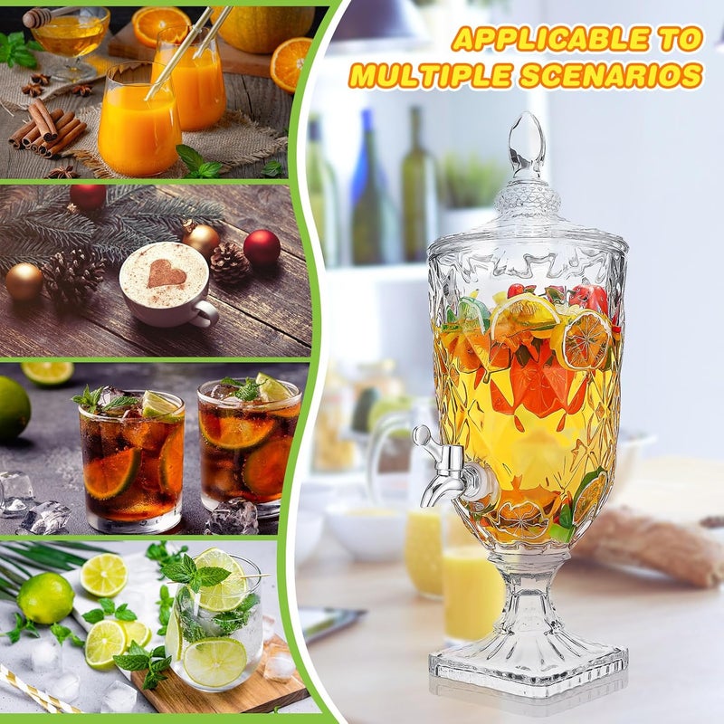 Nuogo نوغو 2 قطعة موزع مشروبات 08 جالون موزع مشروبات زجاجي مع قاعدة وصنبور تصميم عتيق لمشروبات مثلجة موزع مشروبات زجاجي كريستالي نافورة مشروبات للشاي بالليمون حفلة عيد الميلاد المنزلية - Image 3