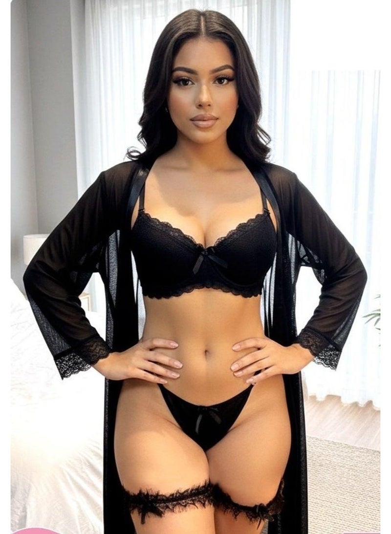 لانجري حريمي 4  قطع مع روب شفاف — طقم لانجري ترندي بتصميم أنثوي جذاب لإطلالة فخمة ومثيرة ضيفي لنفسك لمسة انيقة و جريئة كود 824 - Image 1