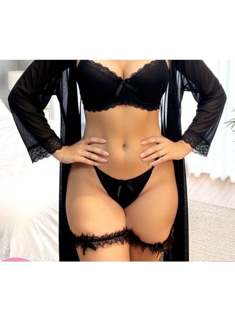 لانجري حريمي 4  قطع مع روب شفاف — طقم لانجري ترندي بتصميم أنثوي جذاب لإطلالة فخمة ومثيرة ضيفي لنفسك لمسة انيقة و جريئة كود 824 - Image 2