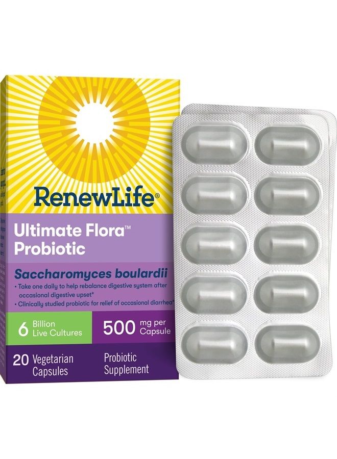 Renew Life Adult Probiotics, 6 Billion CFU Guaranteed, Saccharomyces Boulardii Supplement, Ultimate Flora Supplement for Digestive & Immune Health, Shelf Stable, Gluten Dairy & Soy Free, 20 Capsules - Image 1