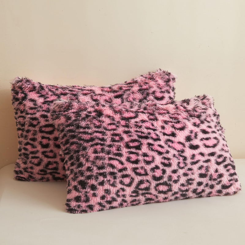 XeGe Cheetah Print Faux Fur Fluffy Pillowcases Plush Shaggy Soft Long Pillow Covers Fuzzy Leopard Print Pillow Cases Furry Pillow Shams with Zipper for Bed Couch 2 PackStandard Black and Pink - Image 2