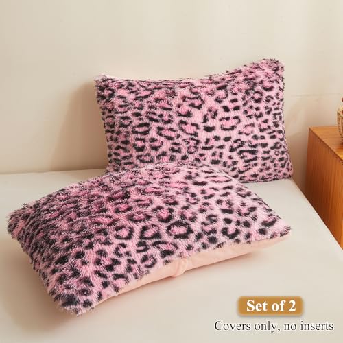 XeGe Cheetah Print Faux Fur Fluffy Pillowcases Plush Shaggy Soft Long Pillow Covers Fuzzy Leopard Print Pillow Cases Furry Pillow Shams with Zipper for Bed Couch 2 PackStandard Black and Pink - Image 3