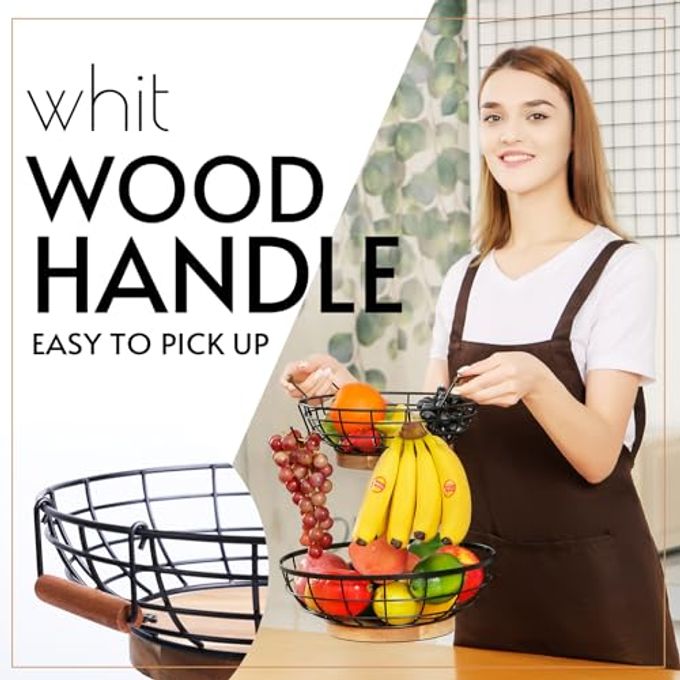 WILDMOS 2-tier Fruit Basket Bowl,Metal Basket with Wooden Base,Fruit and Vegetable Storage with Banana Hanger,Fruit Basket for Kitchen Counter Organizer. - Image 3