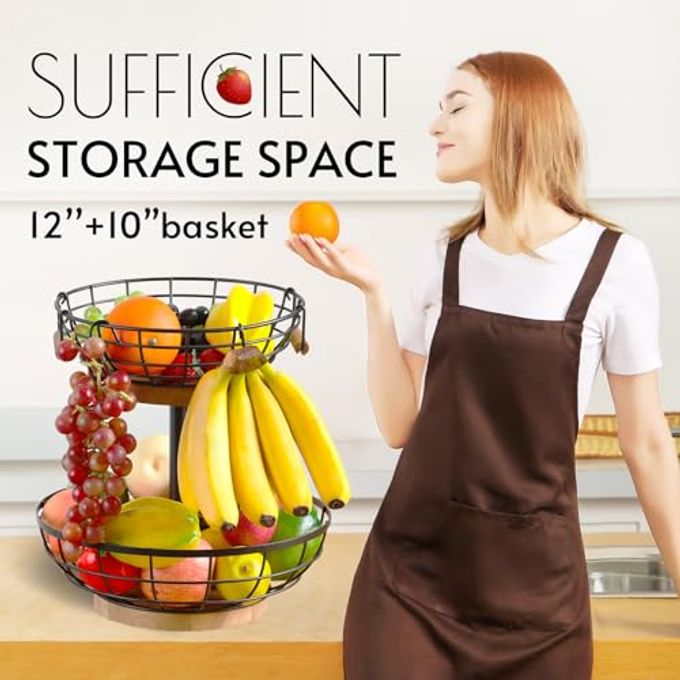 WILDMOS 2-tier Fruit Basket Bowl,Metal Basket with Wooden Base,Fruit and Vegetable Storage with Banana Hanger,Fruit Basket for Kitchen Counter Organizer. - Image 5