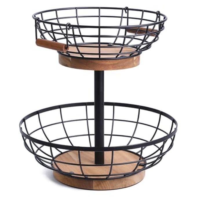 WILDMOS 2-tier Fruit Basket Bowl,Metal Basket with Wooden Base,Fruit and Vegetable Storage with Banana Hanger,Fruit Basket for Kitchen Counter Organizer. - Image 4