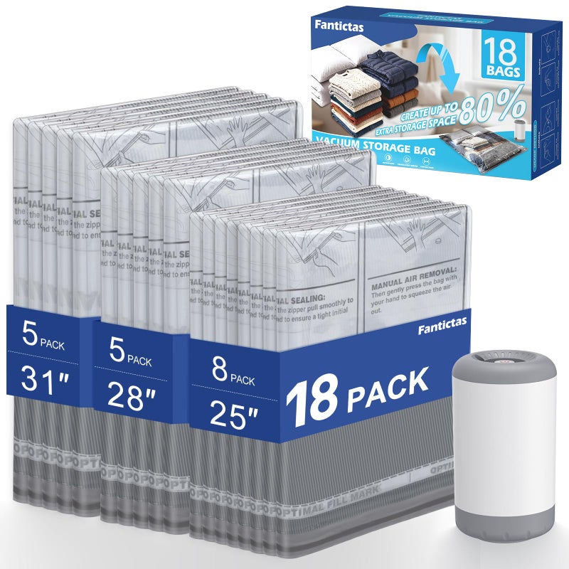 Fantictas Travel Vacuum Storage Bags with Rechargeable Air Pump, 18 Pack Portable Space Saver Bags, Compression Bags for Clothing, Bedding, Seasonal Storage & Packing Bags for Moving - Image 1