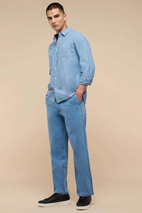 R&B Washed Straight Denim Pants with Elastic Waist