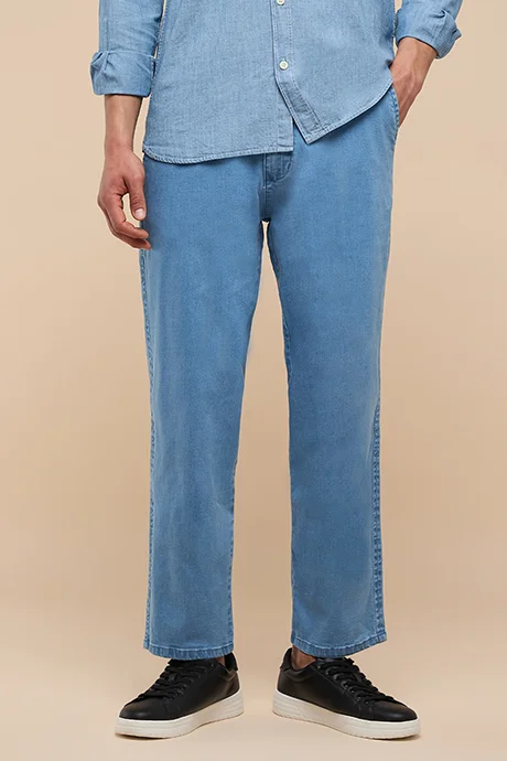 R&B Washed Straight Denim Pants with Elastic Waist