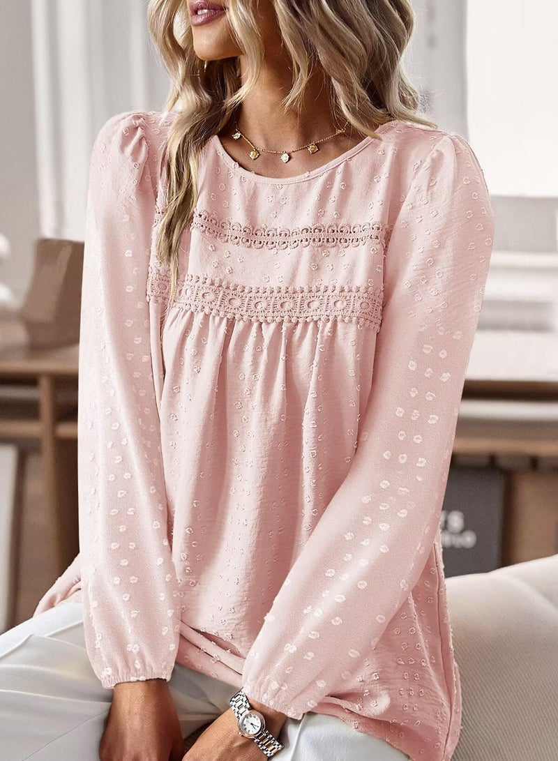 Falechay Pink Tops for Women Long Sleeve Fashion Tunic Tops Loose Flowy Winter Shirts Crewneck Chiffon Swiss Dot Blouses Fit Boho Clothes XXL - Image 2