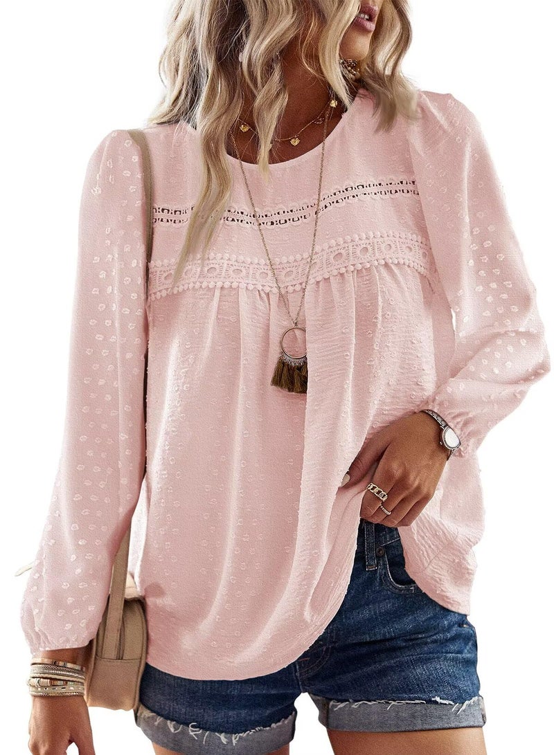 Falechay Pink Tops for Women Long Sleeve Fashion Tunic Tops Loose Flowy Winter Shirts Crewneck Chiffon Swiss Dot Blouses Fit Boho Clothes XXL - Image 1