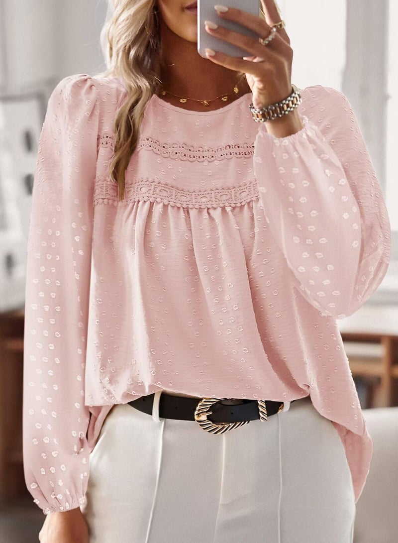Falechay Pink Tops for Women Long Sleeve Fashion Tunic Tops Loose Flowy Winter Shirts Crewneck Chiffon Swiss Dot Blouses Fit Boho Clothes XXL - Image 4