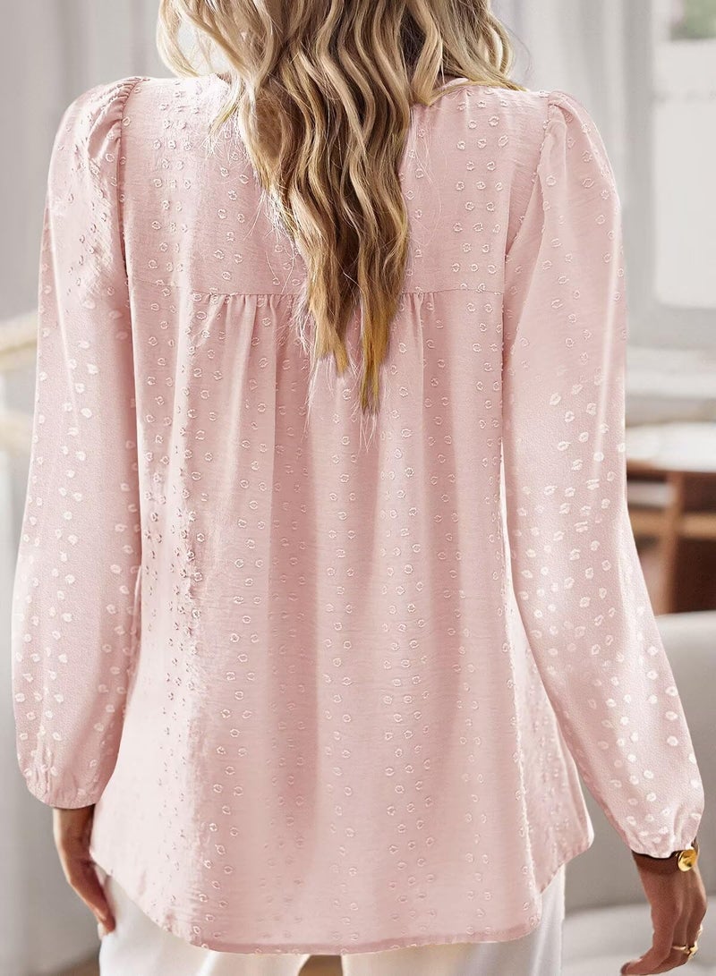 Falechay Pink Tops for Women Long Sleeve Fashion Tunic Tops Loose Flowy Winter Shirts Crewneck Chiffon Swiss Dot Blouses Fit Boho Clothes XXL - Image 3