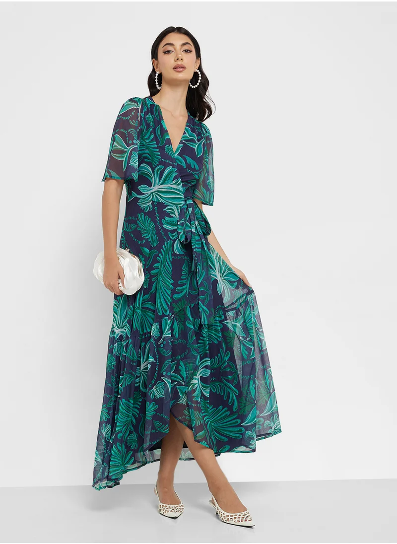 Hope & Ivy Flutter Sleeve  Wrap Tie Waist Dress