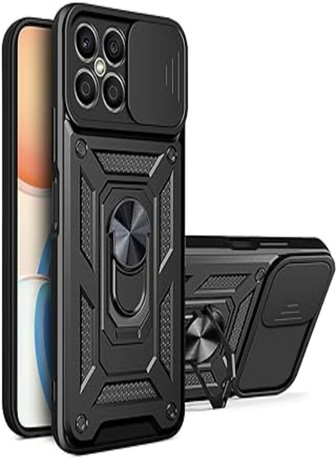 Compatible with Honor X8 Premium Protection Back Case with Camera Slide Cover and Built-in Ring Stand Shockproof Case for Honor X8 4G/Honor X8 (Honor X8 4G, Black) assorted colors 