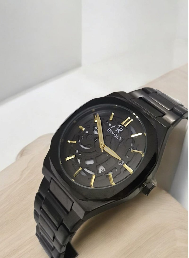 ريفولي ساعة يد للرجال من الستانلس ستيل بعرض انالوج وحركة كوارتز وعرض التاريخ، سهلة القراءة بتصميم عصري مقاوم للماء، ساعة يد كلاسيكية فاخرة بواجهة كبيرة - Image 1