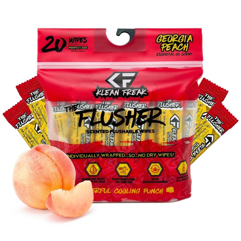 Klean Freak THE KLEAN FREAK FLUSHER Flushable Wipes For Adults Kids 100 BIODEGRADABLE Individual Wrapped Travel WET Wipe for Toilet Soothing Aloe Witch Hazel Alcohol Free 20 Pack Georgia Peach - Image 2